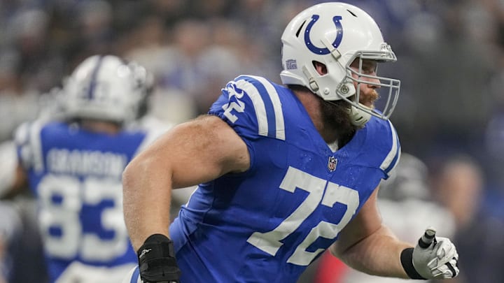 Jan 6, 2024; Indianapolis, Indiana, USA; Indianapolis Colts offensive tackle Braden Smith (72) moves on the field during a game against the Houston Texans at Lucas Oil Stadium. Mandatory Credit: Jenna Watson-Imagn Images