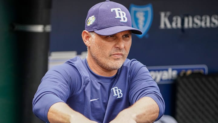 Jul 16, 2023; Kansas City, Missouri, USA; Tampa Bay Rays manager Kevin Cash (16) watches the field against the Kansas City Royals prior to the game at Kauffman Stadium.