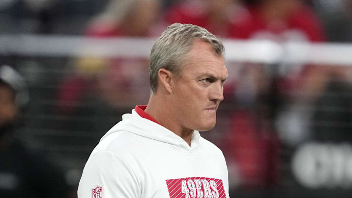 Aug 23, 2024; Paradise, Nevada, USA; San Francisco 49ers general manager John Lynch reacts during the game against the Las Vegas Raiders at Allegiant Stadium. Mandatory Credit: Kirby Lee-Imagn Images