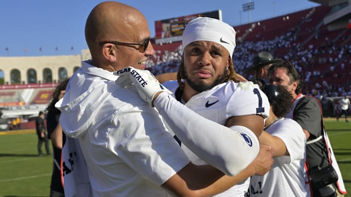 Penn State Nittany Lions safety Jaylen Reed (1) is congratulated by head coach James Franklin after defeating the USC Trojans in overtime at United Airlines Field at the Los Angeles Memorial Coliseum. Penn State Nittany Lions safety Jaylen Reed (1) is congratulated by head coach James Franklin after defeating the USC Trojans in overtime at United Airlines Field at the Los Angeles Memorial Coliseum.