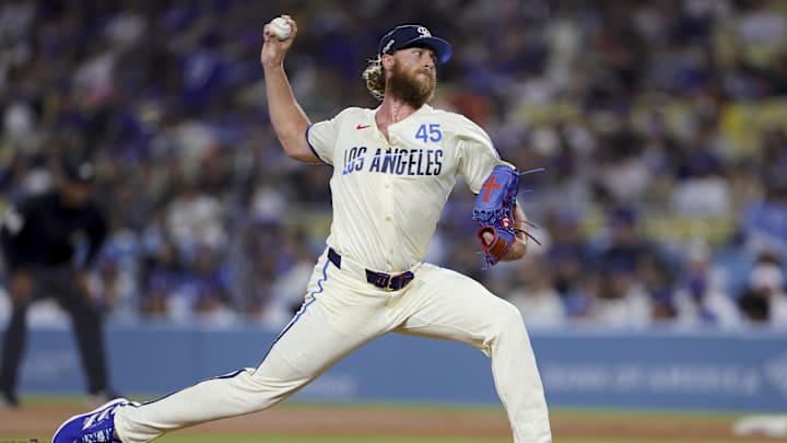 Jun 14, 2025; Los Angeles, California, USA;  Los Angeles Dodgers relief pitcher Michael Kopech throws during the eighth inning of a baseball game against the San Francisco Giants at Dodger Stadium. Mandatory Credit: Ryan Sun-Imagn Images