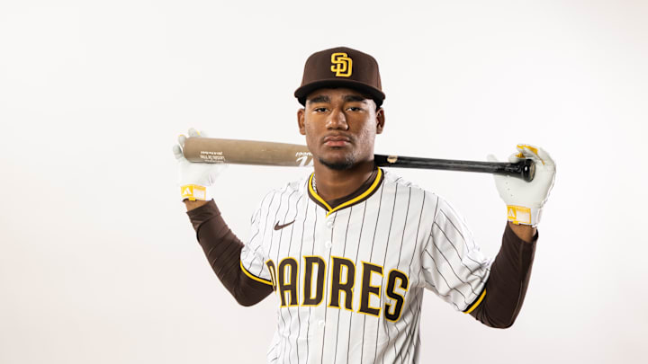 Feb 19, 2025; Peoria, AZ, USA; San Diego Padres infielder Leodalis De Vries poses for a portrait during Media Day at Peoria Sports Complex. Mandatory Credit: Mark J. Rebilas-Imagn Images