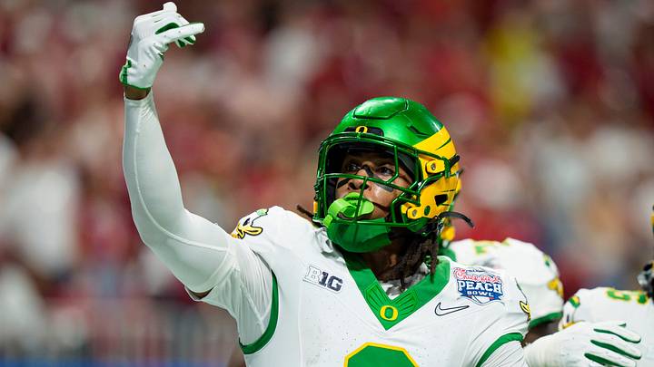 Oregon tight end Jamari Johnson celebrates a touchdown as the Oregon Ducks face the Indiana Hoosiers in the Peach Bowl on Jan. 9, 2026, at Mercedes-Benz Stadium in Atlanta, Georgia. Oregon tight end Jamari Johnson celebrates a touchdown as the Oregon Ducks face the Indiana Hoosiers in the Peach Bowl on Jan. 9, 2026, at Mercedes-Benz Stadium in Atlanta, Georgia.