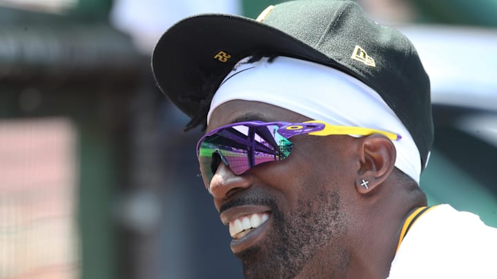 May 11, 2025; Pittsburgh, Pennsylvania, USA;  Pittsburgh Pirates designated hitter Andrew McCutchen (22) reacts in the dugout against the Atlanta Braves during the second inning at PNC Park. Mandatory Credit: Charles LeClaire-Imagn Images