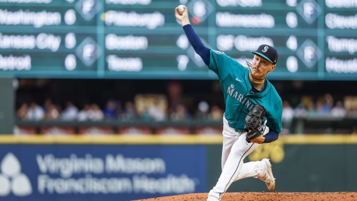 Seattle Mariners starting pitcher Bryce Miller throws against the Philadelphia Phillies on Aug. 3 at T-Mobile Park. Seattle Mariners starting pitcher Bryce Miller throws against the Philadelphia Phillies on Aug. 3 at T-Mobile Park.