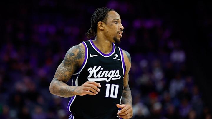 Jan 14, 2026; Sacramento, California, USA; Sacramento Kings guard DeMar DeRozan (10) looks on during the third quarter against the New York Knicks at Golden 1 Center. 