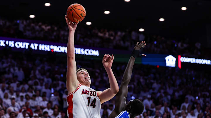 Nov 22, 2024; Tucson, Arizona, USA; Arizona Wildcats center Motiejus Krivas (14) shoots the ball during the second half against the Duke Blue Devils at McKale Center. Mandatory Credit: Aryanna Frank-Imagn Images Nov 22, 2024; Tucson, Arizona, USA; Arizona Wildcats center Motiejus Krivas (14) shoots the ball during the second half against the Duke Blue Devils at McKale Center. Mandatory Credit: Aryanna Frank-Imagn Images