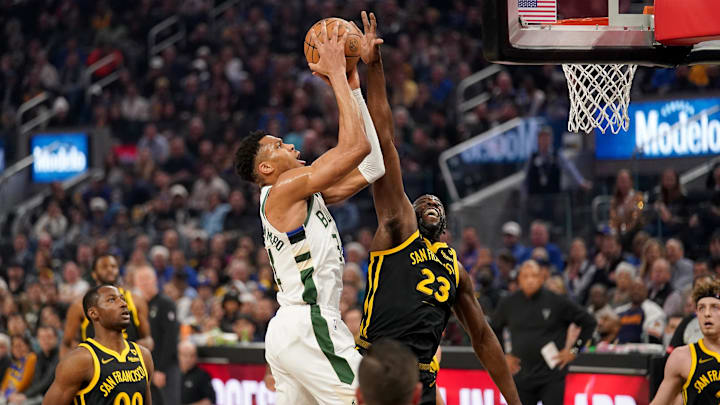 Mar 6, 2024; San Francisco, California, USA; Milwaukee Bucks forward Giannis Antetokounmpo (34) is fouled by Golden State Warriors forward Draymond Green (23) in the first quarter at the Chase Center. Mandatory Credit: Cary Edmondson-Imagn Images Mar 6, 2024; San Francisco, California, USA; Milwaukee Bucks forward Giannis Antetokounmpo (34) is fouled by Golden State Warriors forward Draymond Green (23) in the first quarter at the Chase Center. Mandatory Credit: Cary Edmondson-Imagn Images