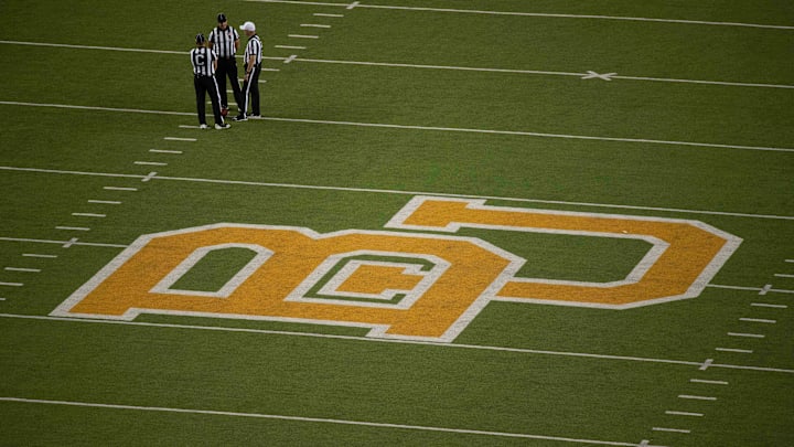 Sep 1, 2018; Waco, TX, USA; A view of the Baylor Bears midfield logo during the game between the Baylor Bears and the Abilene Christian Wildcats at McLane Stadium. Mandatory Credit: Jerome Miron-Imagn Images