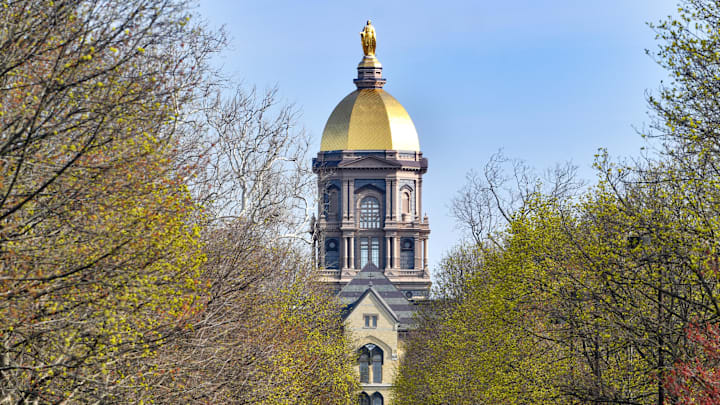 Apr 23, 2022; Notre Dame, Indiana, USA; The University of Notre Dame main building and golden dome seen before the annual Blue-Gold game at Notre Dame Stadium. Apr 23, 2022; Notre Dame, Indiana, USA; The University of Notre Dame main building and golden dome seen before the annual Blue-Gold game at Notre Dame Stadium.