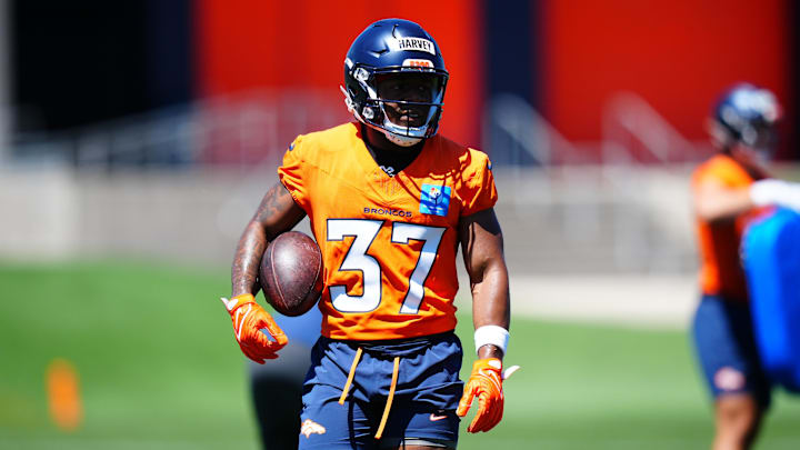 May 10, 2025; Englewood, CO, USA; Denver Broncos running back RJ Harvey (37) during rookie minicamp at Broncos Park Powered by CommonSpirit. Mandatory Credit: Ron Chenoy-Imagn Images