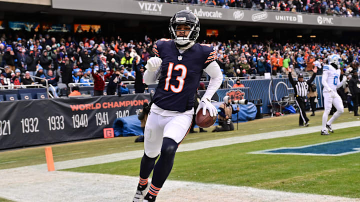 Dec 22, 2024; Chicago, Illinois, USA; Chicago Bears wide receiver Keenan Allen (13) reacts after a touchdown reception against the Detroit Lions during the second quarter at Soldier Field. Mandatory Credit: Daniel Bartel-Imagn Images