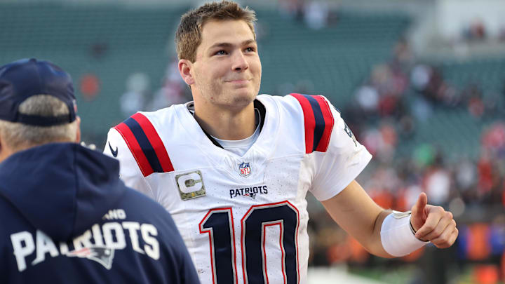 New England Patriots quarterback Drake Maye (10) reacts after defeating the Cincinnati Bengals at Paycor Stadium.