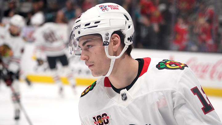 Apr 6, 2026; San Jose, California, USA;  Chicago Blackhawks center Sacha Boisvert (12) warms up before the game against the San Jose Sharks at SAP Center at San Jose. Mandatory Credit: David Gonzales-Imagn Images