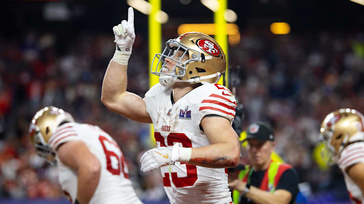 Feb 11, 2024; Paradise, Nevada, USA; San Francisco 49ers running back Christian McCaffrey (23) celebrates after scoring a touchdown in the first half of Super Bowl LVIII at Allegiant Stadium. Mandatory Credit: Mark J. Rebilas-Imagn Images