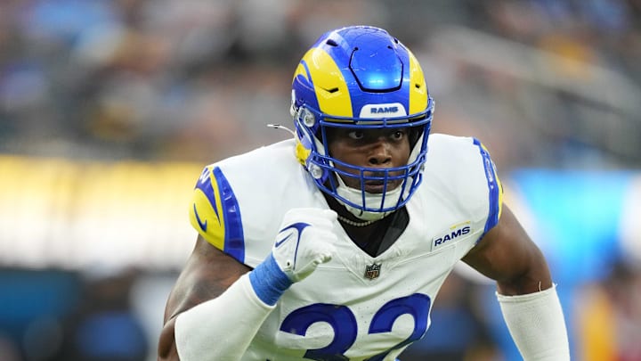 Aug 17, 2024; Inglewood, California, USA; Los Angeles Rams linebacker Ochaun Mathis (32) against the Los Angeles Chargers in the second half at SoFi Stadium. Mandatory Credit: Kirby Lee-Imagn Images Aug 17, 2024; Inglewood, California, USA; Los Angeles Rams linebacker Ochaun Mathis (32) against the Los Angeles Chargers in the second half at SoFi Stadium. Mandatory Credit: Kirby Lee-Imagn Images