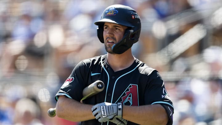 Mar 10, 2026; Phoenix, Arizona, USA; Arizona Diamondbacks outfielder Ryan Waldschmidt against the Los Angeles Dodgers during a spring training game at Camelback Ranch-Glendale. Mandatory Credit: Mark J. Rebilas-Imagn Images