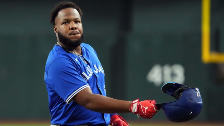 Jul 13, 2024; Phoenix, Arizona, USA; Toronto Blue Jays first base Vladimir Guerrero Jr. (27) reacts after popping out against the Arizona Diamondbacks during the first inning at Chase Field Jul 13, 2024; Phoenix, Arizona, USA; Toronto Blue Jays first base Vladimir Guerrero Jr. (27) reacts after popping out against the Arizona Diamondbacks during the first inning at Chase Field