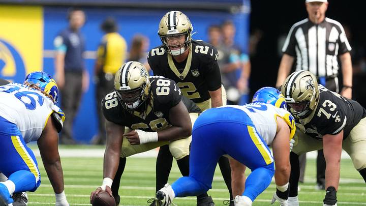 Aug 22, 2026; Inglewood, California, USA; New Orleans Saints quarterback Spencer Rattler (2) takes the snap from guard Torricelli Simpkins III (68) against the Los Angeles Rams in the second half at SoFi Stadium. Mandatory Credit: Kirby Lee-Imagn Images Aug 22, 2026; Inglewood, California, USA; New Orleans Saints quarterback Spencer Rattler (2) takes the snap from guard Torricelli Simpkins III (68) against the Los Angeles Rams in the second half at SoFi Stadium. Mandatory Credit: Kirby Lee-Imagn Images