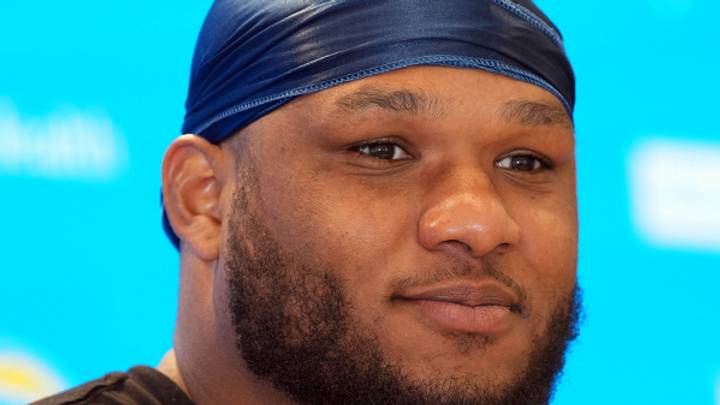 May 12, 2025; El Segundo, CA, USA; Los Angeles Chargers defensive end Da'Shawn Hand at press conference during offseason workouts at The Bolt. Mandatory Credit: Kirby Lee-Imagn Images