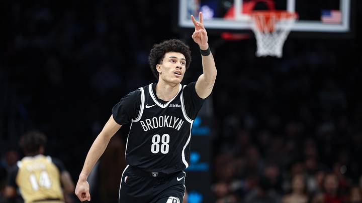 Apr 5, 2026; Brooklyn, New York, USA; Brooklyn Nets guard Nolan Traore (88) reacts after making a three point basket during the first quarter against the Washington Wizards at Barclays Center. Mandatory Credit: Vincent Carchietta-Imagn Images