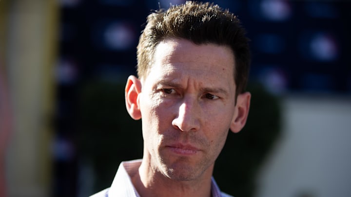 Nov 7, 2023; Scottsdale, AZ, USA; Boston Red Six chief baseball officer Craig Breslow speaks to the media during the MLB General Manager's Meetings at Omni Scottsdale Resort & Spa. Mandatory Credit: Mark J. Rebilas-Imagn Images