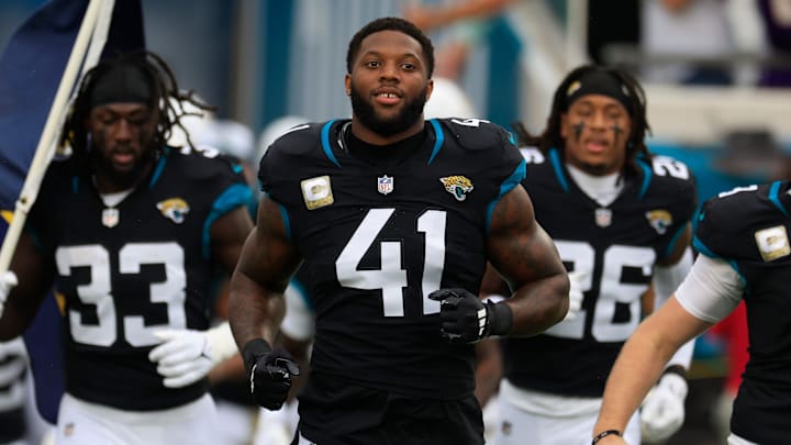 Jacksonville Jaguars defensive end Josh Hines-Allen (41) runs on the field before the game of an NFL football matchup Sunday, Nov. 10, 2024 at Everbank Stadium in Jacksonville, Fla. The Vikings defeated the Jaguars 12-7. [Corey Perrine/Florida Times-Union]