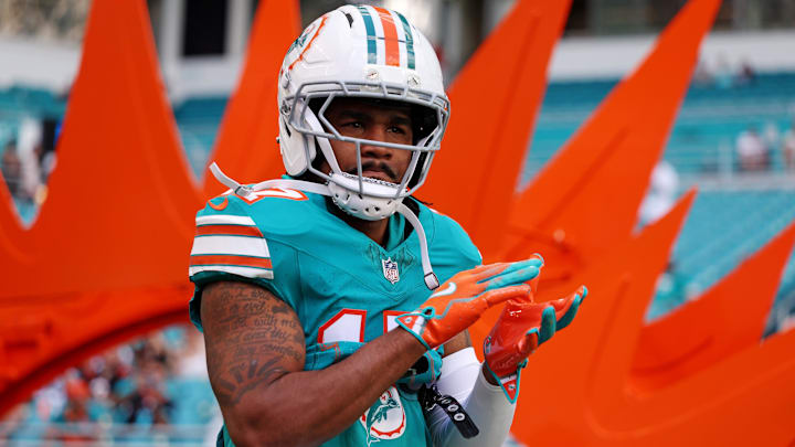 Dec 21, 2025; Miami Gardens, Florida, USA; Miami Dolphins wide receiver Jaylen Waddle (17) reacts during the second quarter against the Cincinnati Bengals at Hard Rock Stadium. Mandatory Credit: Nathan Ray Seebeck-Imagn Images