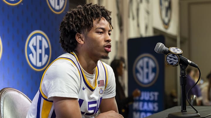 Oct 15, 2025; Birmingham, AL, USA; LSU Tigers guard Dedan Thomas Jr. talks with the media during SEC Media Days at Grand Bohemian Hotel. Mandatory Credit: Vasha Hunt-Imagn Images
