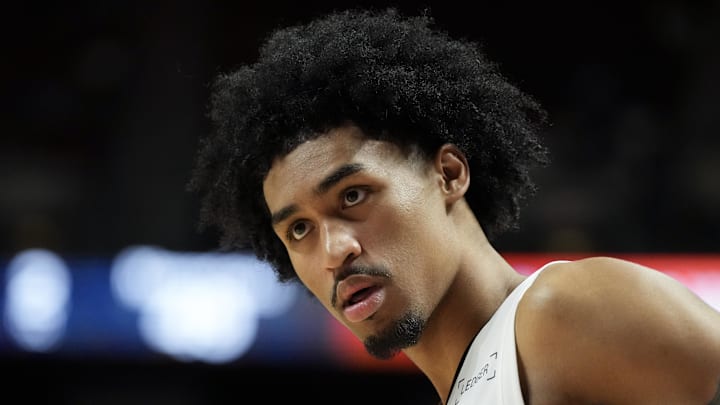 Jul 12, 2025; Las Vegas, NV, USA; San Antonio Spurs guard Dylan Harper (2) looks on in the third quarter of their game against the Dallas Mavericks at Thomas & Mack Center.