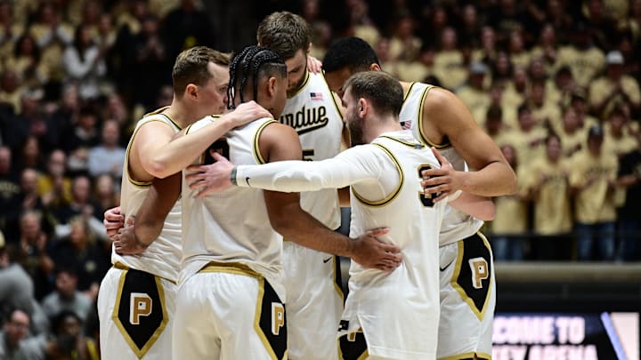 The Purdue Boilermakers huddle before the game.