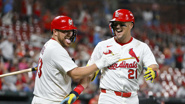 Jul 8, 2025; St. Louis, Missouri, USA;  St. Louis Cardinals right fielder Lars Nootbaar (21) celebrates with catcher Pedro Pages (43) after hitting a solo home run against the Washington Nationals during the sixth inning at Busch Stadium. Mandatory Credit: Jeff Curry-Imagn Images