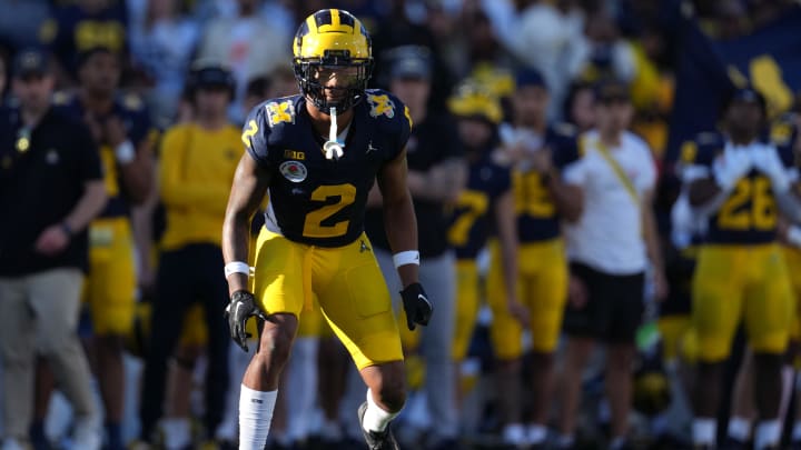 Jan 1, 2024; Pasadena, CA, USA; Michigan Wolverines defensive back Will Johnson (2) looks on during the first half against the Alabama Crimson Tide in the 2024 Rose Bowl college football playoff semifinal game at Rose Bowl. Mandatory Credit: Kirby Lee-USA TODAY Sports