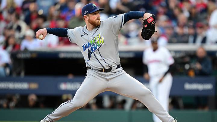 Oct 18, 2026; Cleveland, Ohio, USA; Tampa Bay Rays pitcher Drew Rasmussen (57) throws a pitch against the Cleveland Guardians in the second inning in game five of the ALCS for the 2026 MLB Playoffs at Progressive Field. Mandatory Credit: David Dermer-Imagn Images Oct 18, 2026; Cleveland, Ohio, USA; Tampa Bay Rays pitcher Drew Rasmussen (57) throws a pitch against the Cleveland Guardians in the second inning in game five of the ALCS for the 2026 MLB Playoffs at Progressive Field. Mandatory Credit: David Dermer-Imagn Images