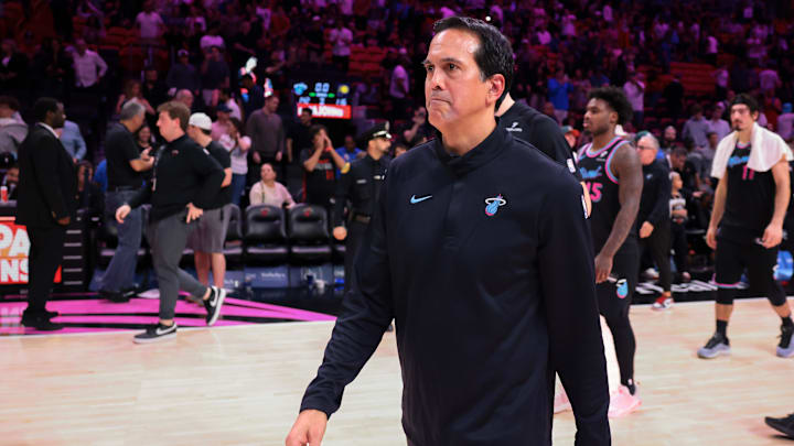 Dec 27, 2025; Miami, Florida, USA; Miami Heat head coach Erik Spoelstra walks on the court after the game against the Indiana Pacers at Kaseya Center. Mandatory Credit: Sam Navarro-Imagn Images