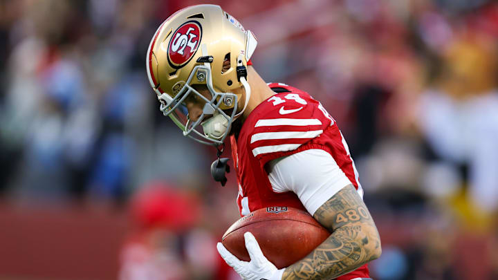 Dec 30, 2024; Santa Clara, California, USA; San Francisco 49ers wide receiver Ricky Pearsall (14) before the game against the Detroit Lions at Levi's Stadium. Mandatory Credit: Sergio Estrada-Imagn Images