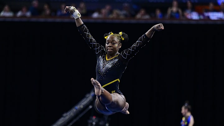Apr 14, 2022; Fort Worth, TX, USA; University of Missouri gymnast Amari Celestine during the session two semi finals at Dickies Arena. Mandatory Credit: Jerome Miron-Imagn Images Apr 14, 2022; Fort Worth, TX, USA; University of Missouri gymnast Amari Celestine during the session two semi finals at Dickies Arena. Mandatory Credit: Jerome Miron-Imagn Images