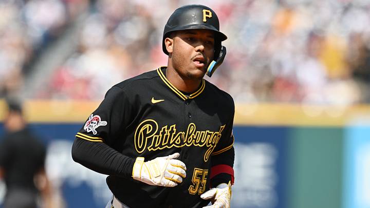 Jul 19, 2026; Cleveland, Ohio, USA; Pittsburgh Pirates right fielder Esmerlyn Valdez (55) rounds the bases after hitting a home run during the ninth inning against the Cleveland Guardians at Progressive Field. Mandatory Credit: Ken Blaze-Imagn Images