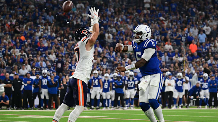 Sep 22, 2024; Indianapolis, Indiana, USA; Chicago Bears linebacker Jack Sanborn (57) tips a pass from Indianapolis Colts quarterback Anthony Richardson (5) during the second quarter at Lucas Oil Stadium. Mandatory Credit: Marc Lebryk-Imagn Images

