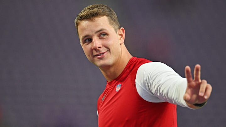 Oct 23, 2023; Minneapolis, Minnesota, USA; San Francisco 49ers quarterback Brock Purdy (13) looks on before the game against the Minnesota Vikings at U.S. Bank Stadium. Mandatory Credit: Jeffrey Becker-Imagn Images