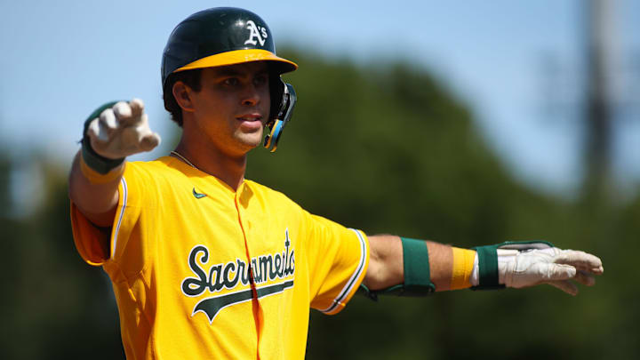 Apr 18, 2026; West Sacramento, California, USA; Athletics third baseman Max Muncy (3) reacts after hitting a triple during the sixth inning at Sutter Health Park. Mandatory Credit: Scott Marshall-Imagn Images