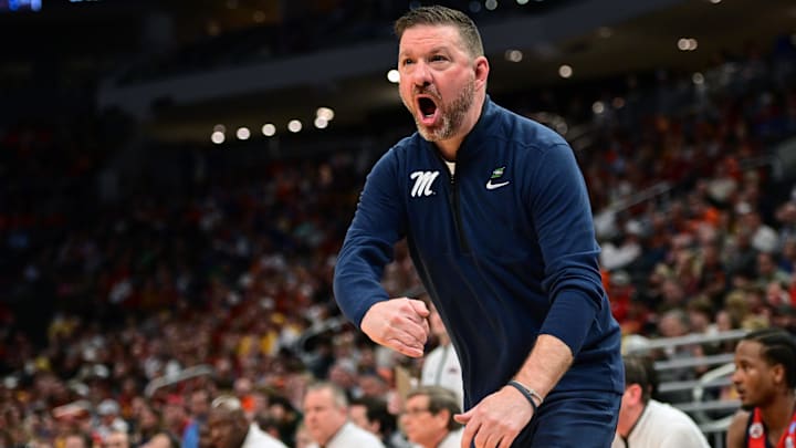 Mar 23, 2025; Milwaukee, WI, USA;  Mississippi Rebels head coach Chris Beard reacts during the first half in the second round of the NCAA Tournament against the Iowa State Cyclones at Fiserv Forum. Mandatory Credit: Benny Sieu-Imagn Images