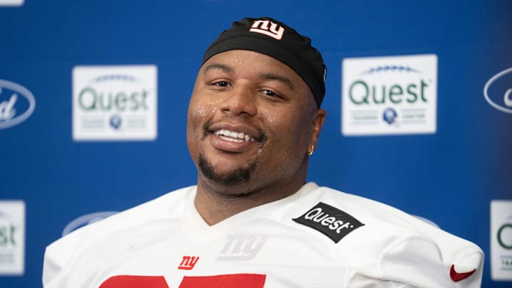 New York Giants defensive tackle Dexter Lawrence II (97) speaks at a press conference during day one of the New York Giants training camp at Quest Diagnostics Giants Training Center in East Rutherford on Wednesday, July 23, 2025.