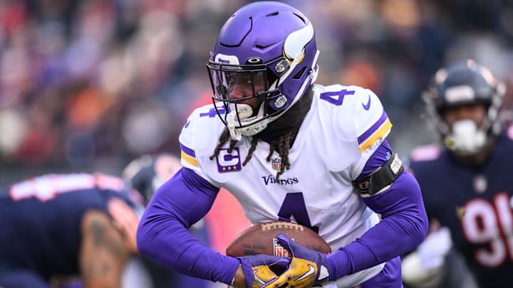 Jan 8, 2023; Chicago, Illinois, USA; Minnesota Vikings running back Dalvin Cook (4) runs the ball