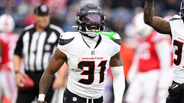 Houston Texans running back Dameon Pierce (31) reacts after scoring a touchdown against the New England Patriots during the second half at Gillette Stadium.