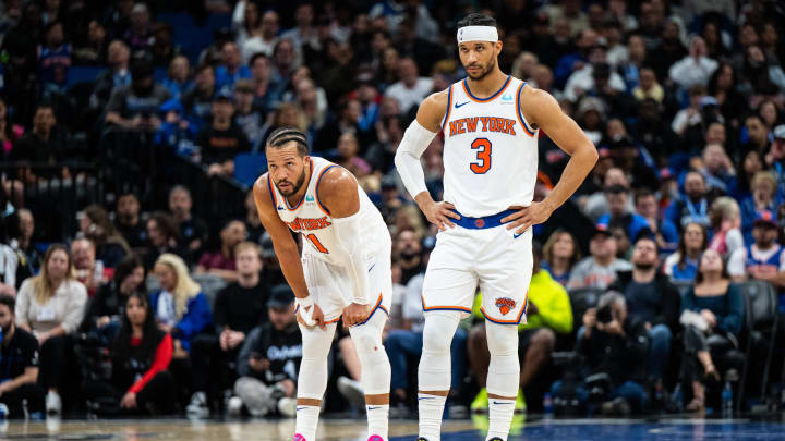 Feb 14, 2024; Orlando, Florida, USA; New York Knicks guard Jalen Brunson (11) and guard Josh Hart (3) wait for the ball against the Orlando Magic in the second quarter at KIA Center. Mandatory Credit: Jeremy Reper-USA TODAY Sports Feb 14, 2024; Orlando, Florida, USA; New York Knicks guard Jalen Brunson (11) and guard Josh Hart (3) wait for the ball against the Orlando Magic in the second quarter at KIA Center. Mandatory Credit: Jeremy Reper-USA TODAY Sports