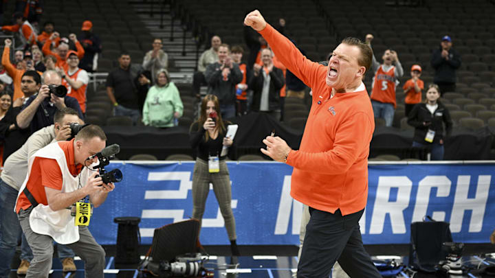 Mar 23, 2024; Omaha, NE, USA; Illinois Fighting Illini head coach Brad Underwood gestures after the