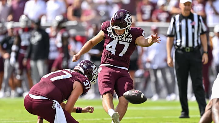 Oct 5, 2024; College Station, Texas, USA; Texas A&M Aggies place kicker Randy Bond (47) kicks the ball in the first quarter against the Missouri Tigers at Kyle Field. Mandatory Credit: Maria Lysaker-Imagn Images. 