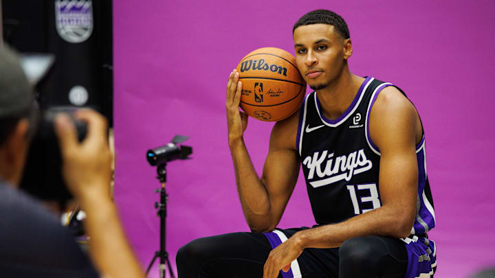 Sep 29, 2025; Sacramento, CA, USA; Sacramento Kings forward Keegan Murray (13) during media day at Golden 1 Center. Mandatory Credit: Sergio Estrada-Imagn Images