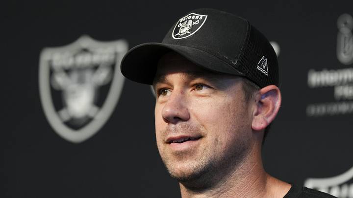 Las Vegas Raiders head coach Klint Kubiak speaks during a news conference during organized team activities.